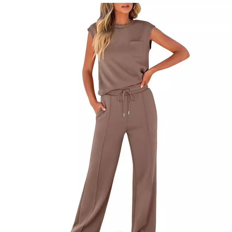 European And American Autumn And Winter New Sleeveless Casual High Elastic Loose Two-piece Suit Women