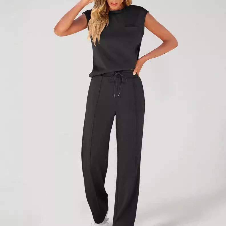 European And American Autumn And Winter New Sleeveless Casual High Elastic Loose Two-piece Suit Women