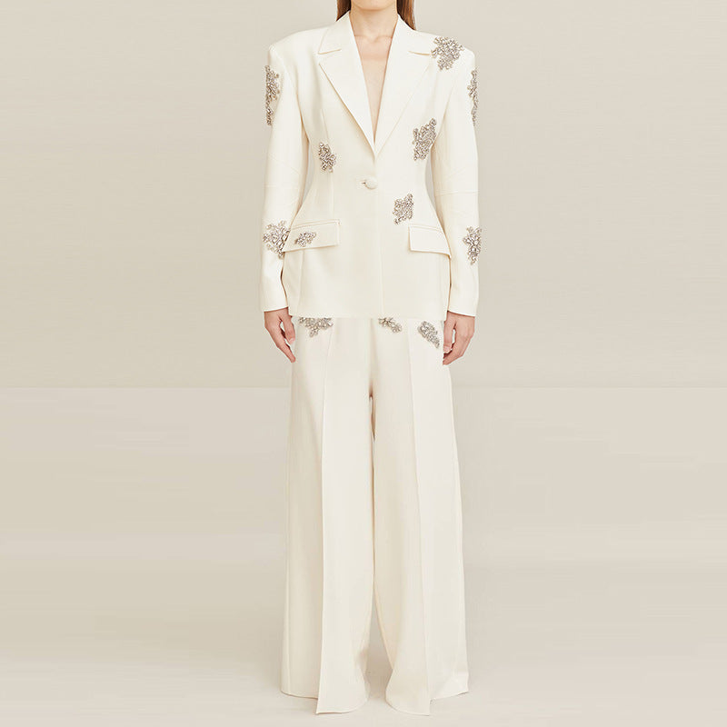 New Diamond-embedded One Button Suit Coat Wide-leg Pants Suit Two Pieces