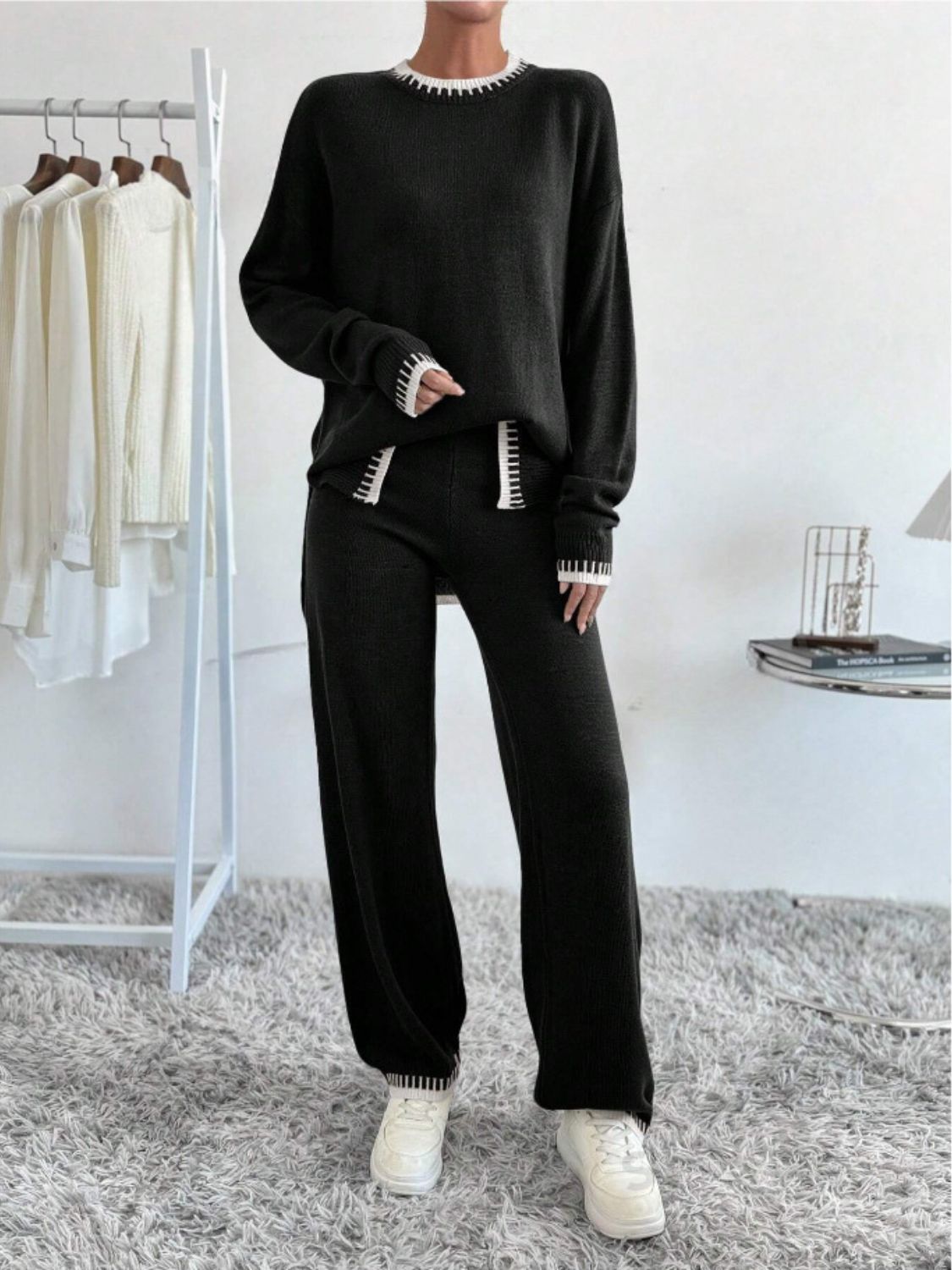 Side Slit Contrast Trim Round Neck Top and Pants Sweater Set