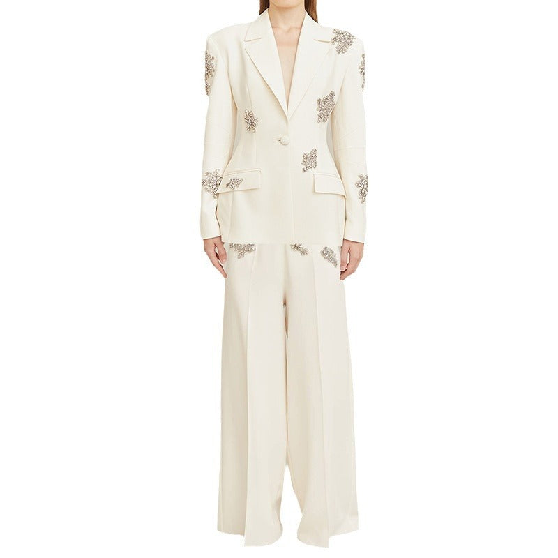 New Diamond-embedded One Button Suit Coat Wide-leg Pants Suit Two Pieces