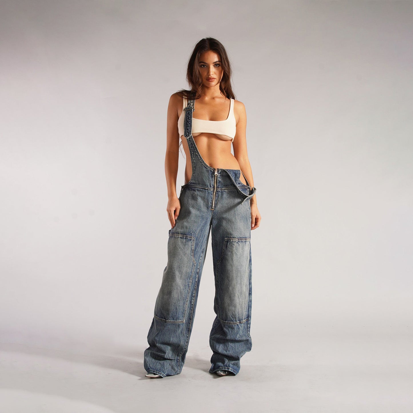 Zipper Denim Overalls With Pockets Fashion Loose Suspender Jumpsuit Streetwear Jeans Pants Womens Clothing