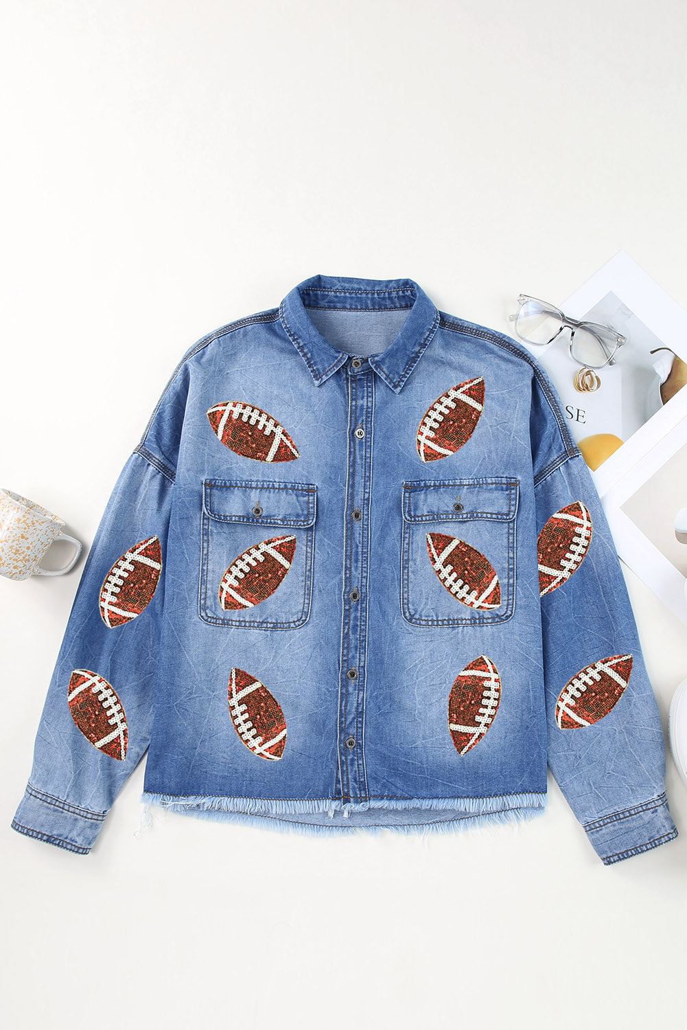 Raw Hem Sequin Football Long Sleeve Denim Jacket