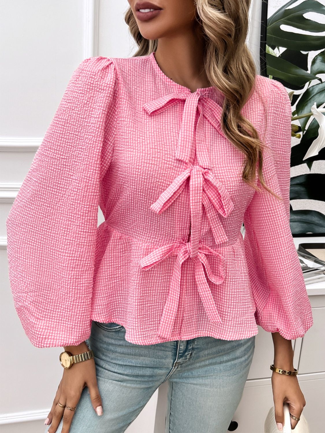 Devine Tied Round Neck Long Sleeve Blouse