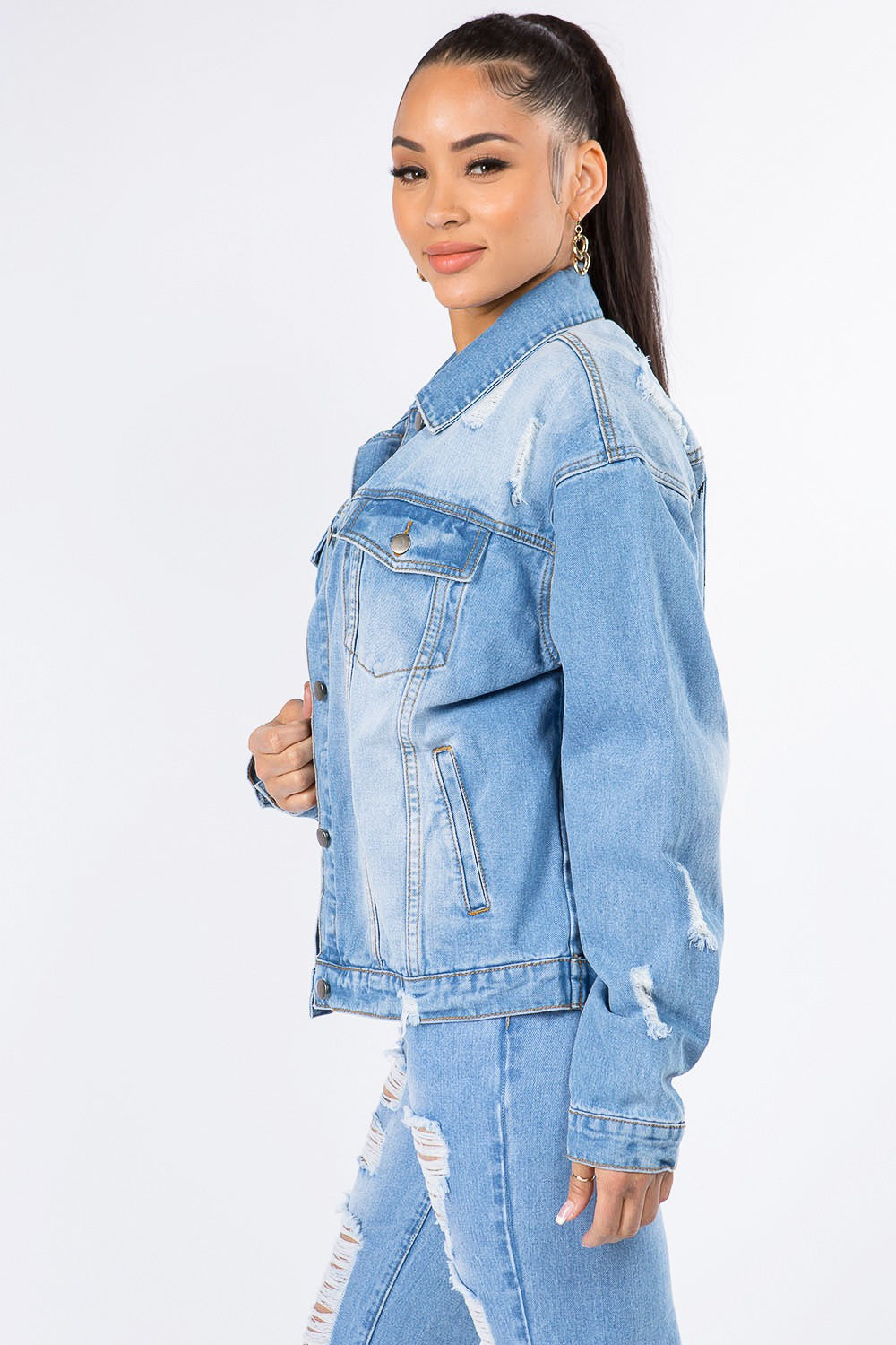 American Bazi Graphic Distressed Long Sleeve Denim Jacket