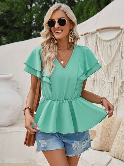 Ruffled V-Neck Peplum Blouse