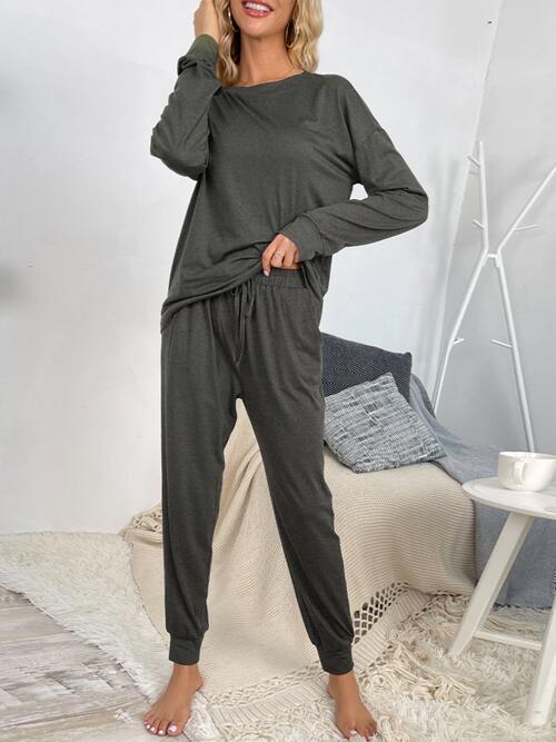 Round Neck Top and Drawstring Pants Lounge Set