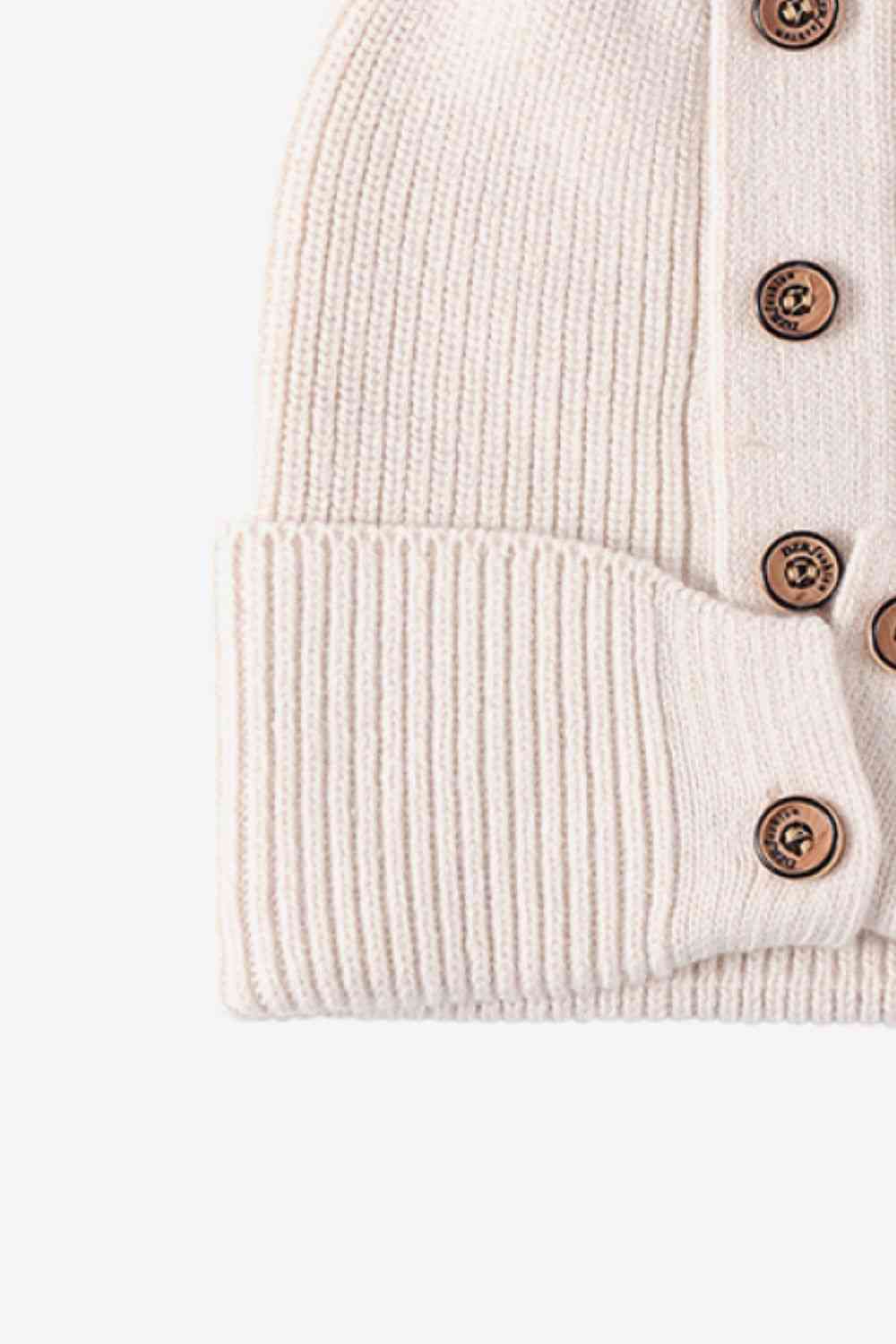 Button Detail Rib-Knit Cuff Beanie